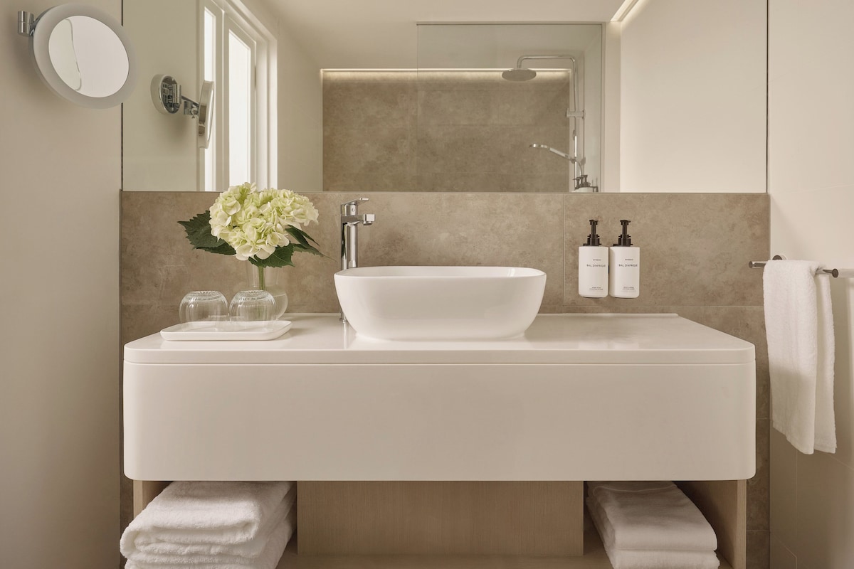 Une salle de bain moderne avec un grand lavabo blanc, un miroir et deux bouteilles de shampoing.