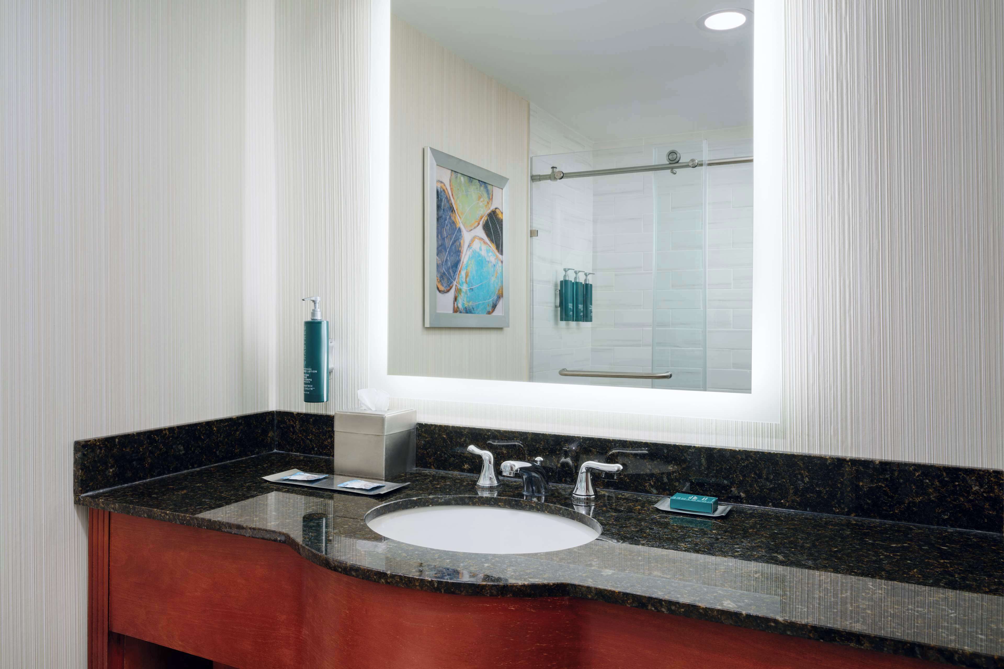 combined shower/bathtub, free toiletries, towels