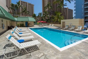 Outdoor pool, open 8:00 AM to 9:00 PM, sun loungers