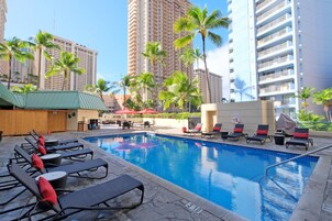 Outdoor pool, open 8:00 AM to 9:00 PM, sun loungers