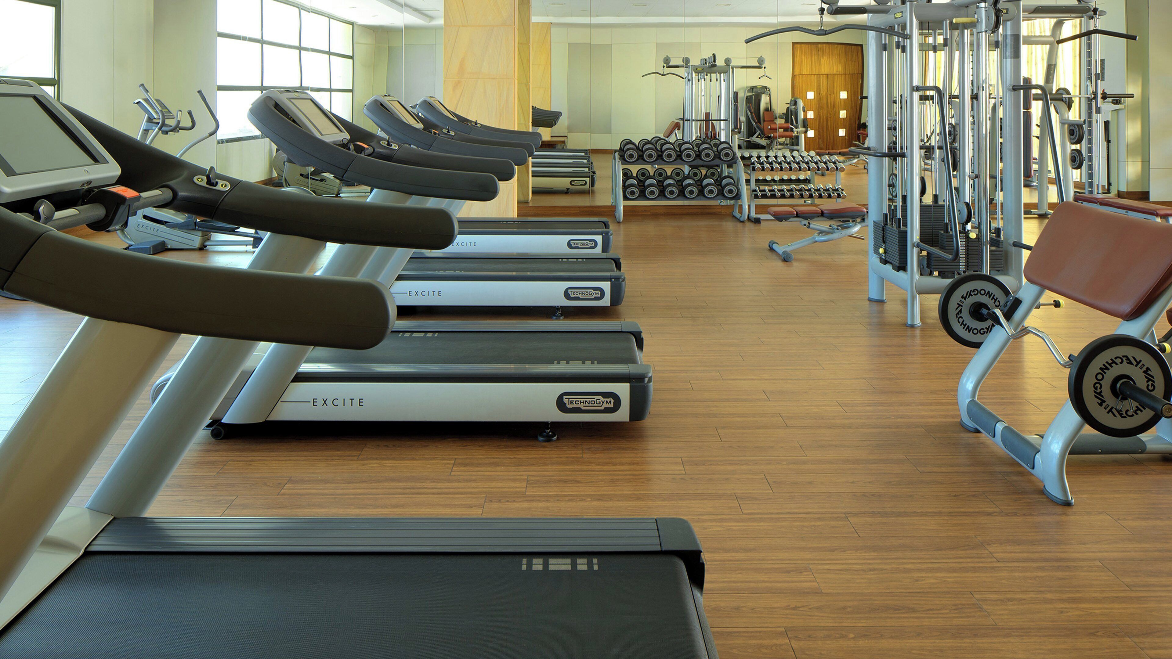 A gym with multiple treadmills, weight machines, and a rack of dumbbells.