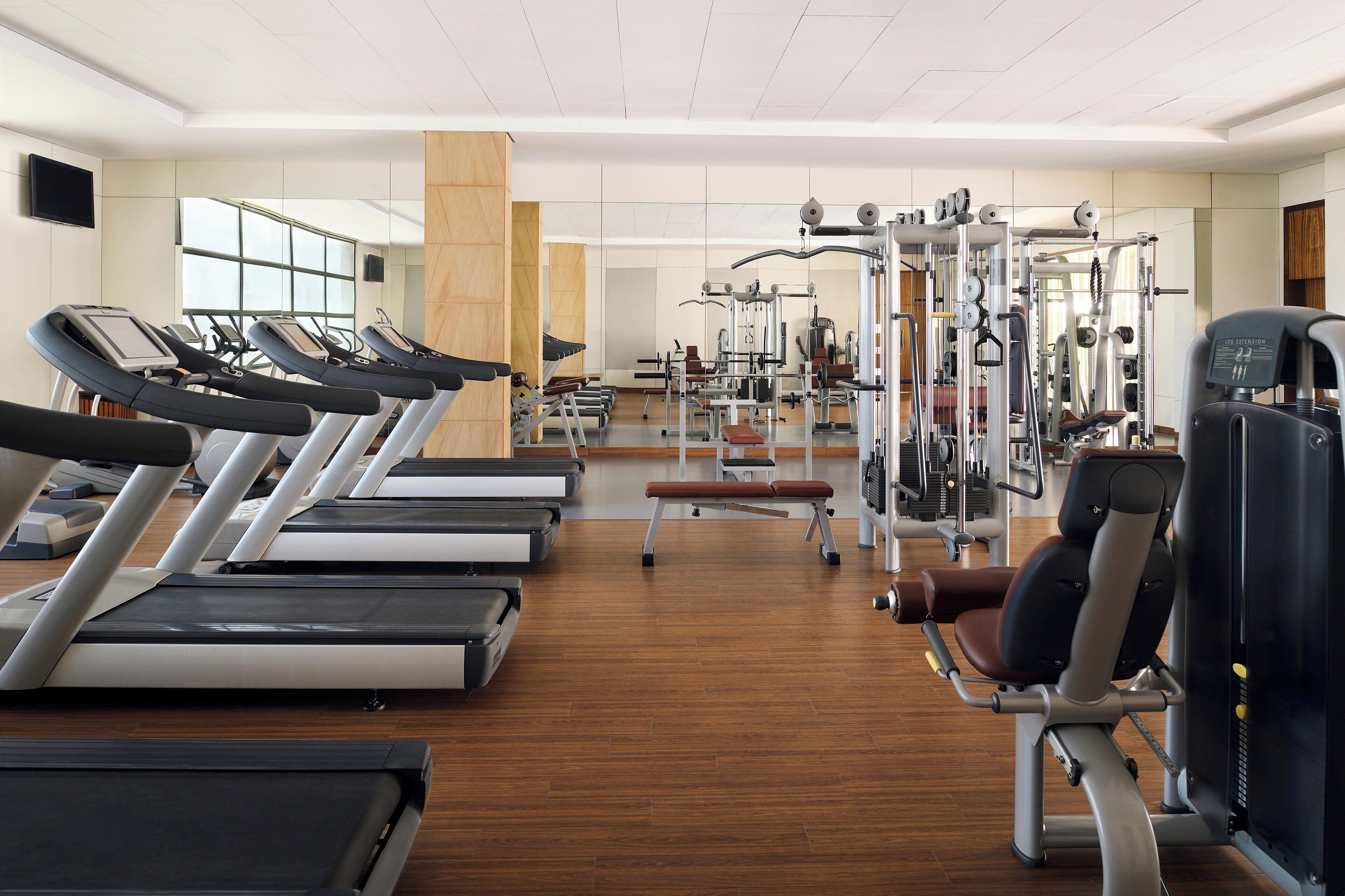 A gym with treadmills, weight machines, and a mirrored wall.