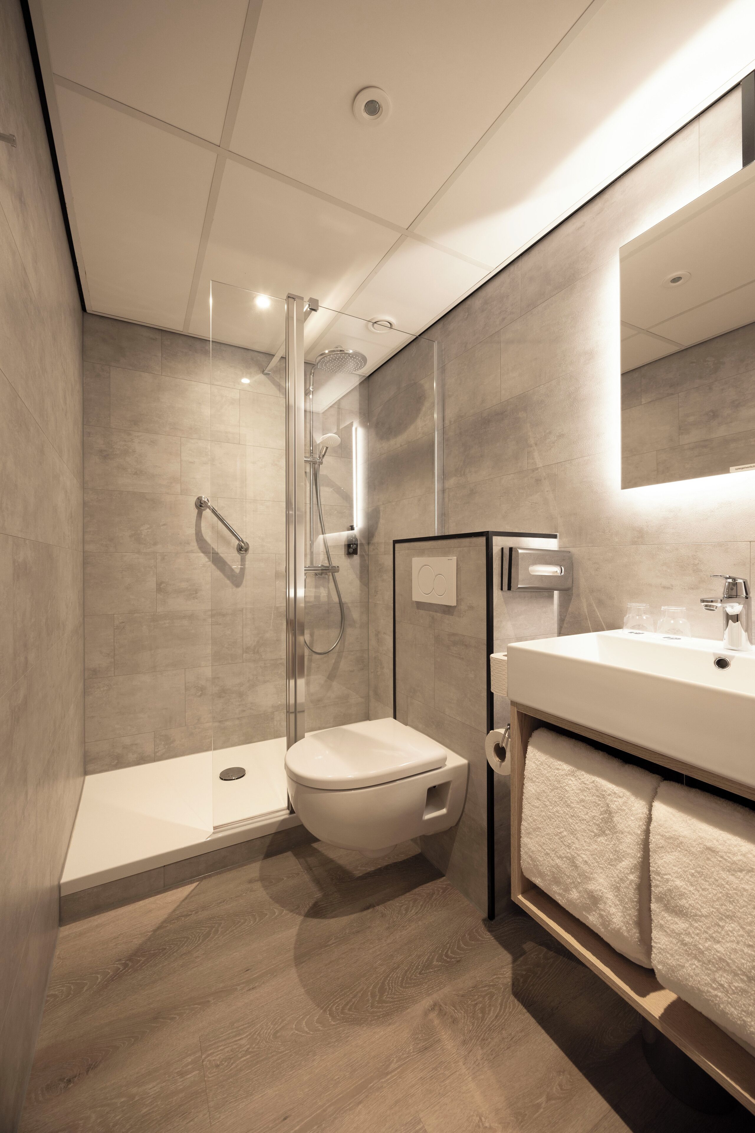 A modern bathroom with a glass-enclosed shower, a toilet, and a vanity with a mirror.
