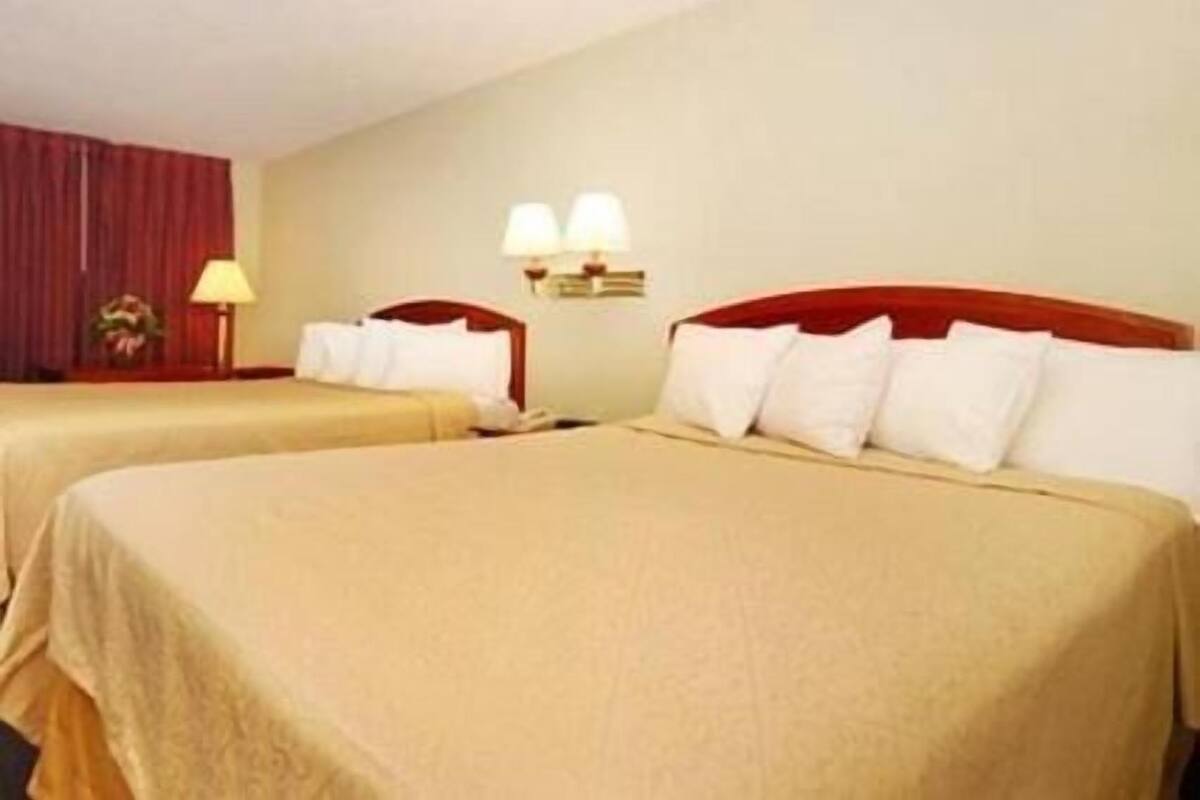A hotel room with two beds, each with a red headboard and beige bedding. There is a lamp on the wall and a plant on the left side.