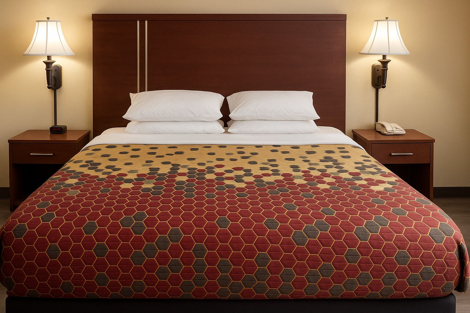 A hotel room with a large bed, two bedside tables with lamps, and a patterned bedspread.