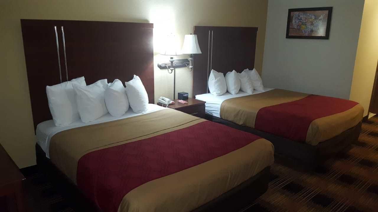 A hotel room with two beds, each with white linens and red bedspreads, a bedside table with a lamp, and a framed picture on the wall.