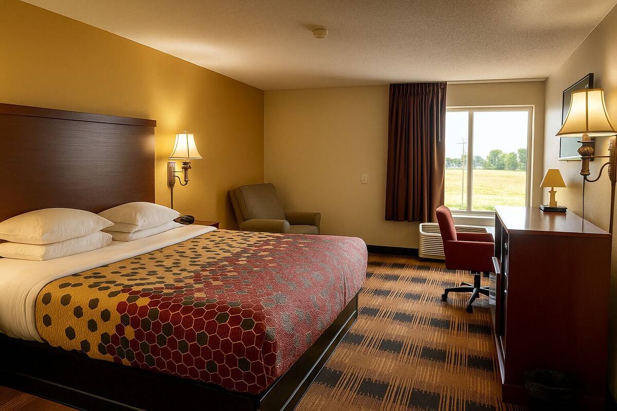 A hotel room with a large bed, two bedside lamps, a desk with a chair, and a view of a field through the window.