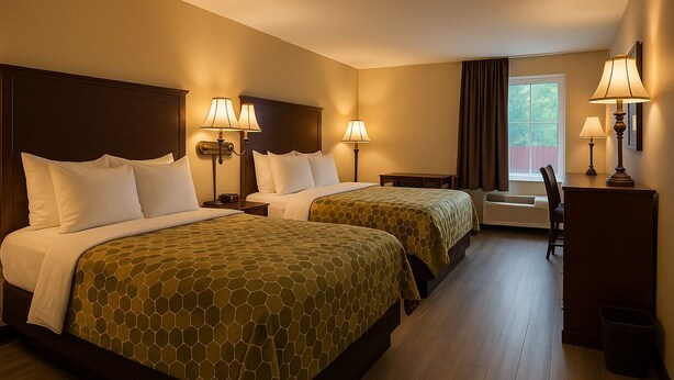 A hotel room with two beds, each with a headboard, bedside tables, lamps, and a desk with a chair. - Econo Lodge Inn & Suites Fairview Heights - St. Louis (Fairview Heights)
