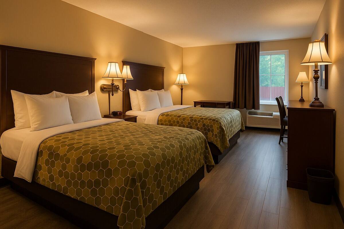 A hotel room with two beds, each with a headboard, bedside tables, lamps, and a desk with a chair.