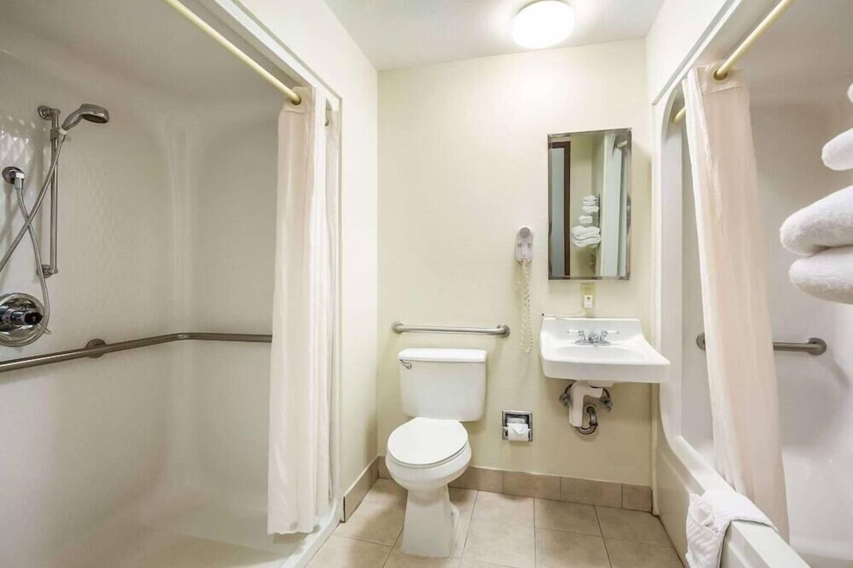 A bathroom with a shower, toilet, sink, and a mirror.