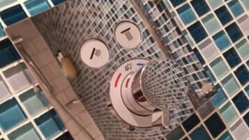 Combined shower/tub, free toiletries, hair dryer, towels