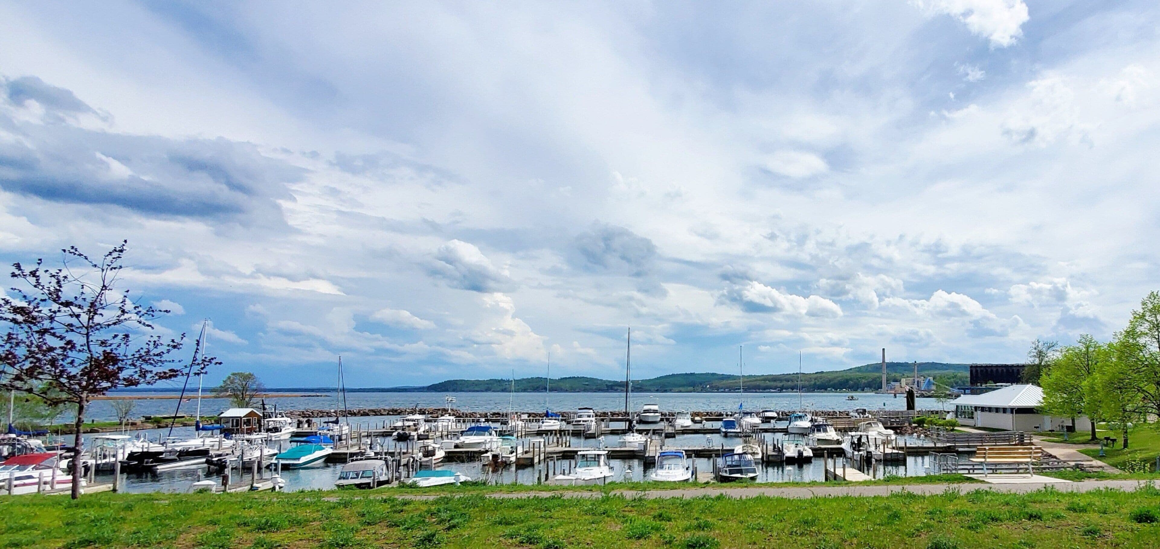 A marina with multiple boats docked, a grassy area in the foreground, and a body of water in the background.