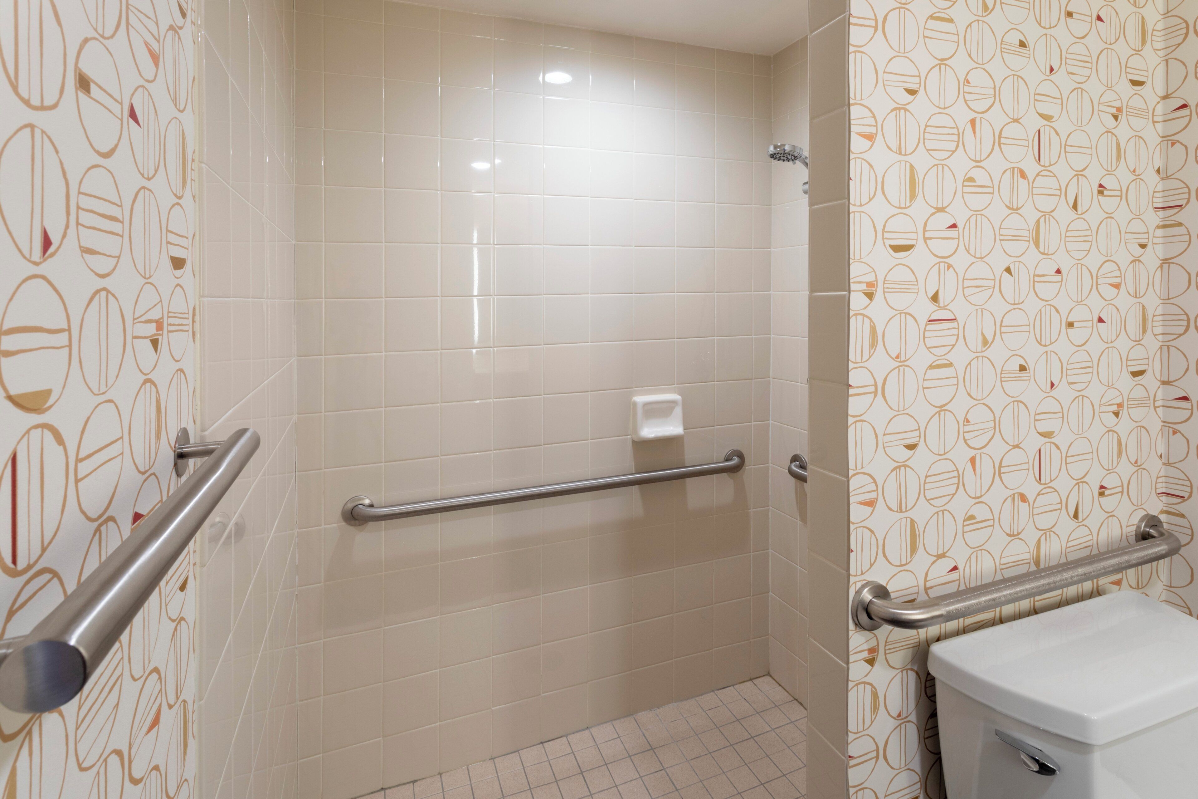 A bathroom with a white toilet, a handrail, and a patterned wall.