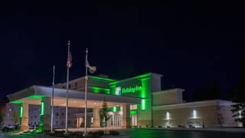 A Holiday Inn hotel with a modern design, featuring a prominent green sign, a flagpole with flags, and a well-lit entrance.