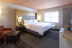 Desk, laptop workspace, blackout curtains, iron/ironing board