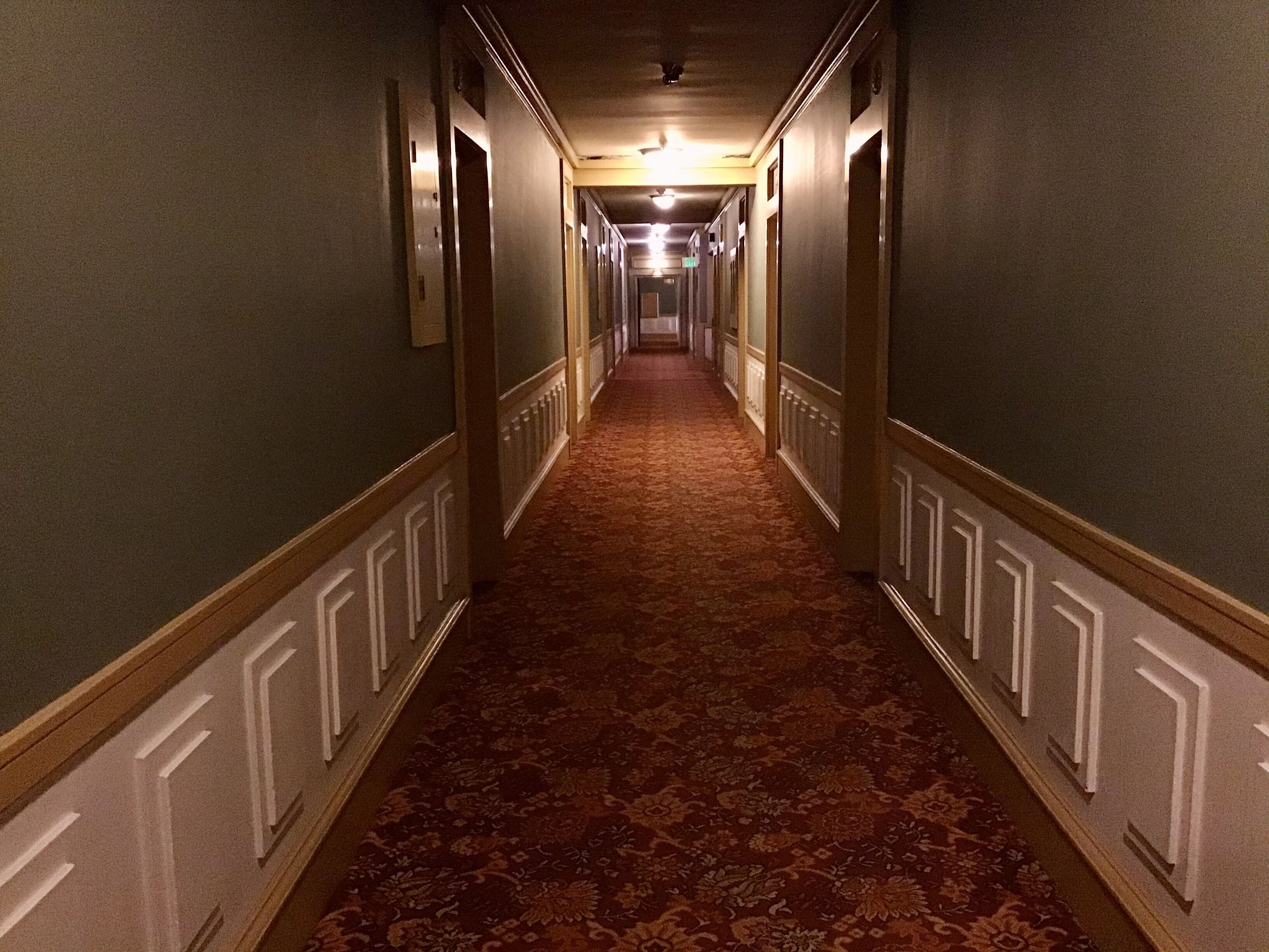 A long, narrow hallway with patterned carpet, white wainscoting, and a series of doors on both sides.