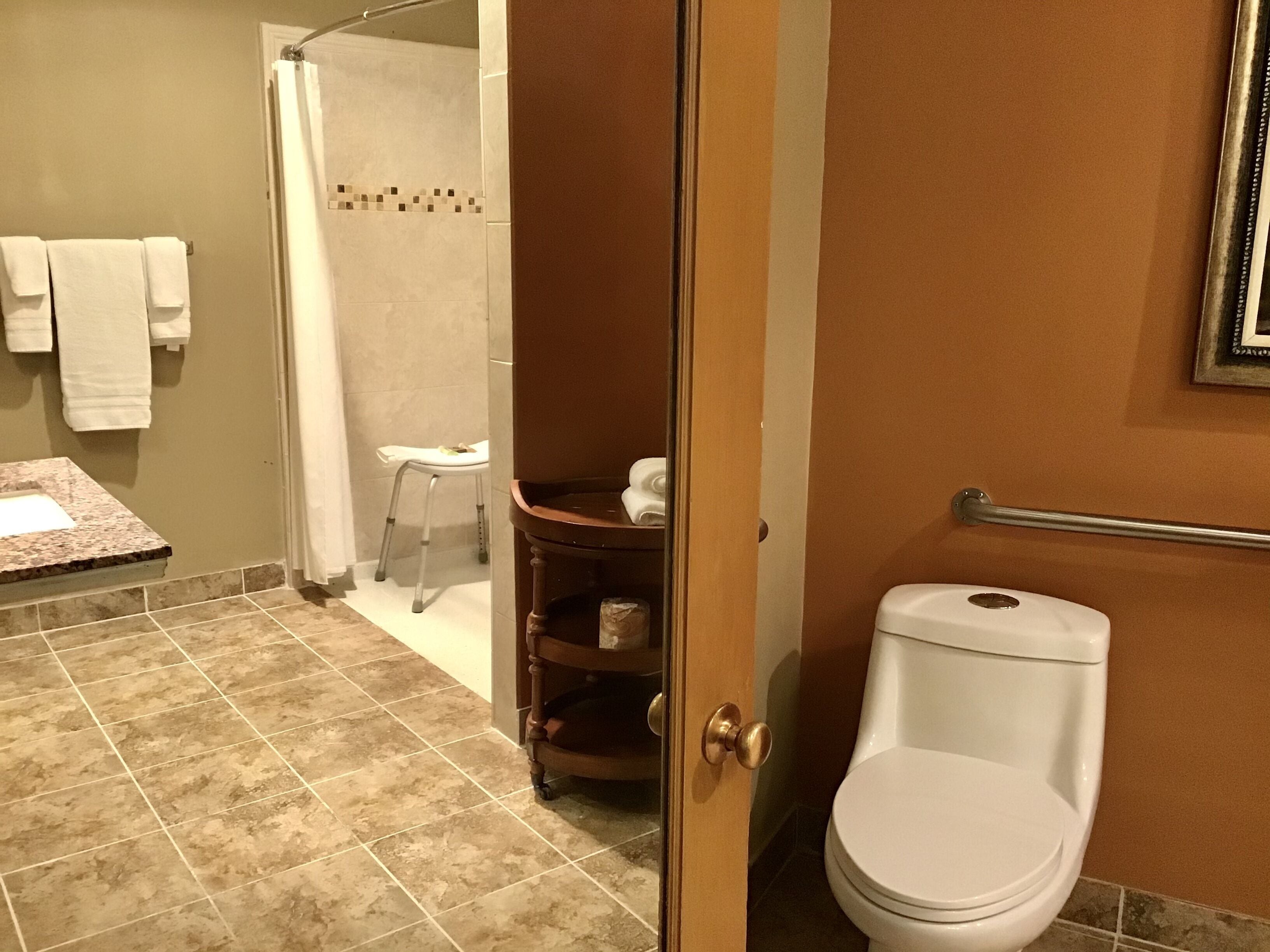 A bathroom with a toilet, a shower, and a sink.
