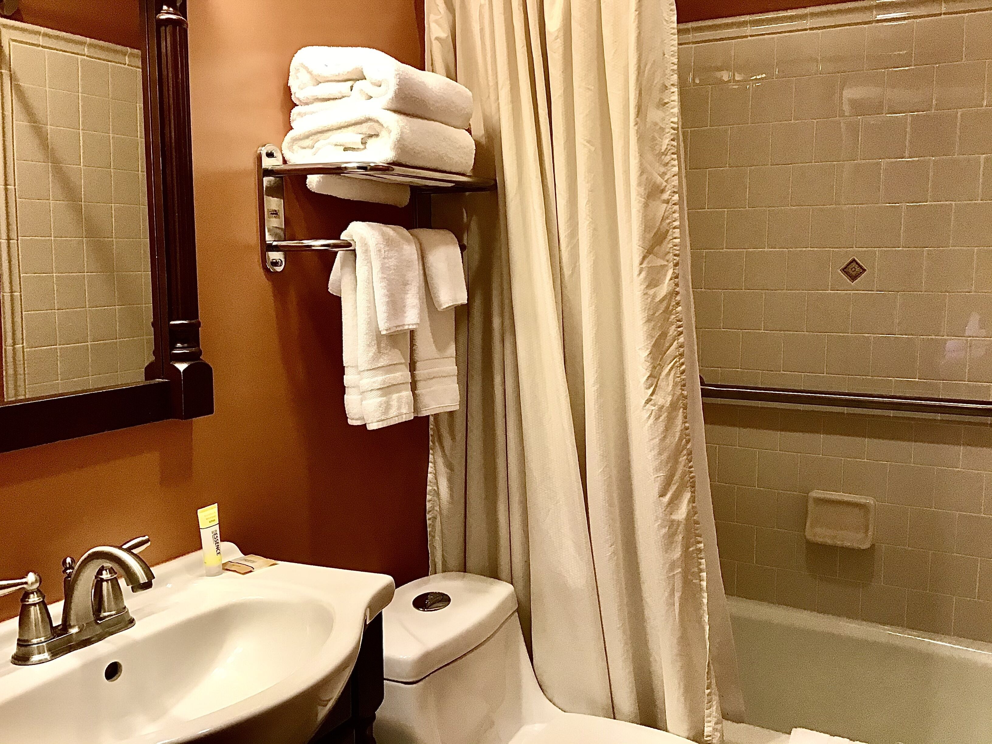 A bathroom with a sink, toilet, and shower area.