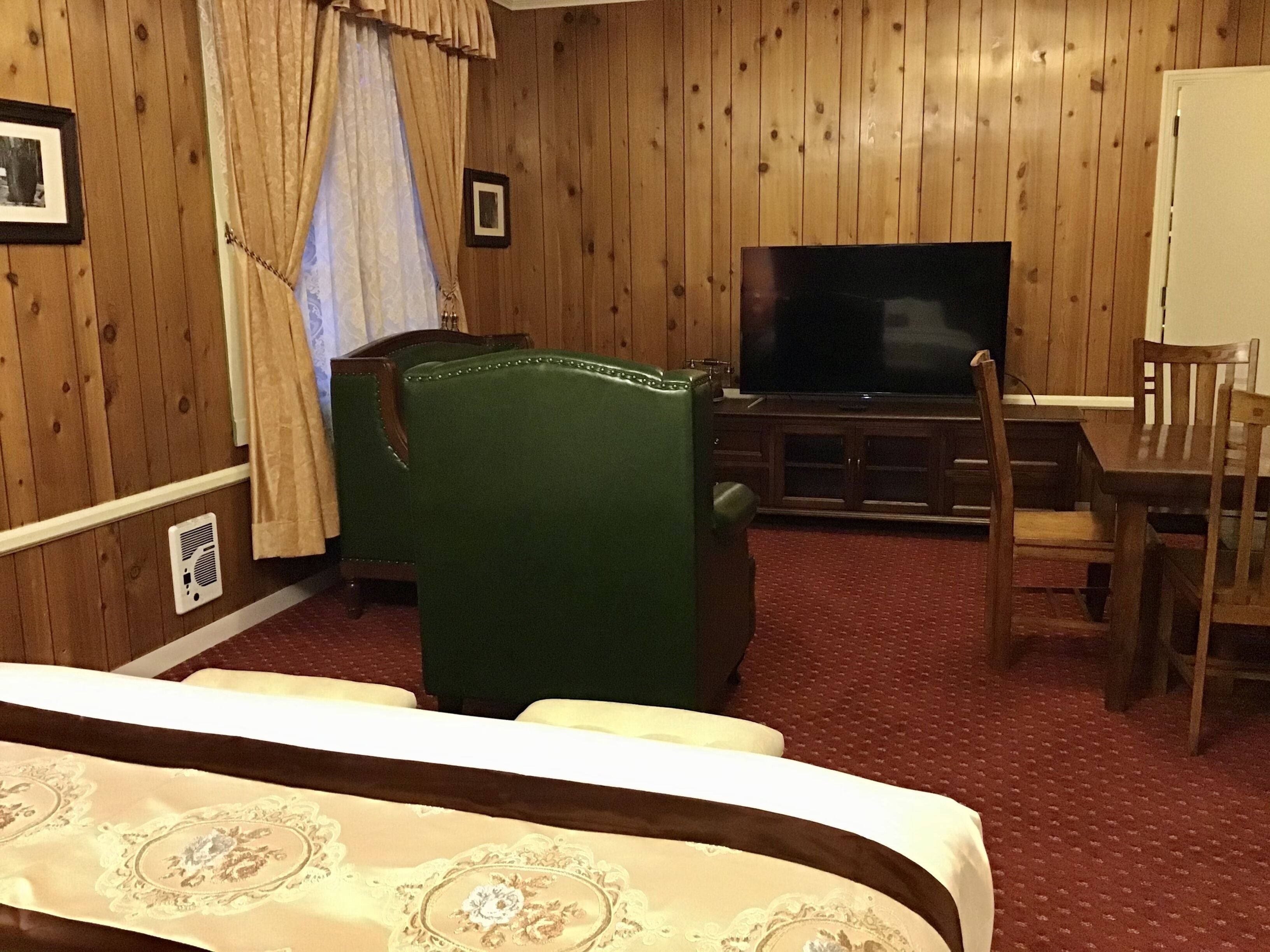 A room with a television, a green armchair, a wooden dining table with chairs, and a patterned bedspread.