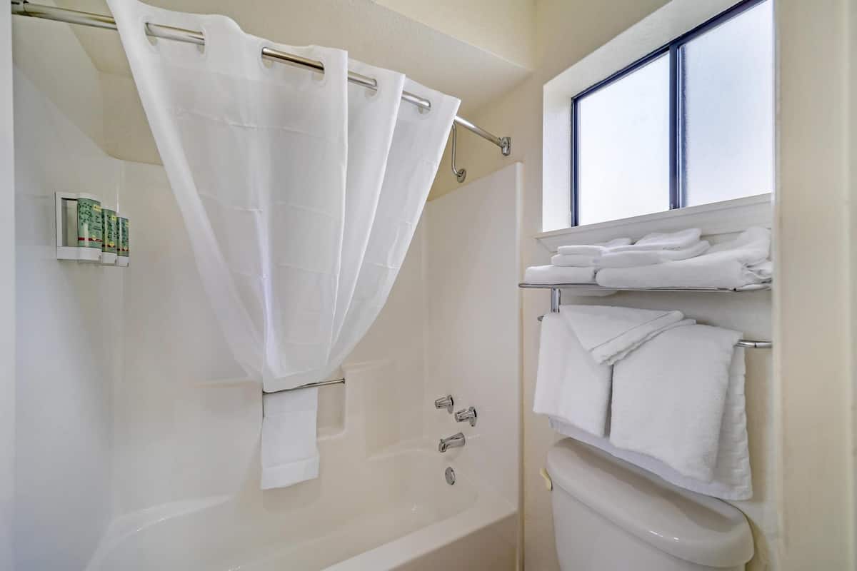 standard room, 2 queen beds, non smoking, refrigerator & microwave | bathroom | combined shower/bathtub, free toiletries, hair dryer, towels