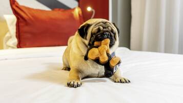 A pug dog lying on a bed with a plush toy.