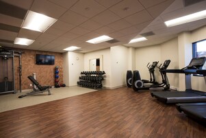 A gym with treadmills, elliptical machines, a bench press, and a rack of dumbbells.