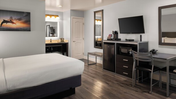 Habitación de hotel con cama, escritorio, silla, televisor y espejo.