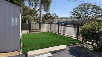 A fenced yard with artificial grass, a wooden bench, and a building with a no parking sign.