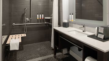 A modern bathroom with a shower, grab bars, a sink, and a mirror.