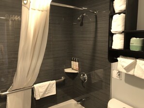 Combined shower/tub, eco-friendly toiletries, hair dryer, towels