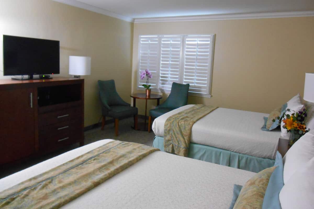 Habitación de hotel con dos camas, televisión, escritorio y ventana con persianas.