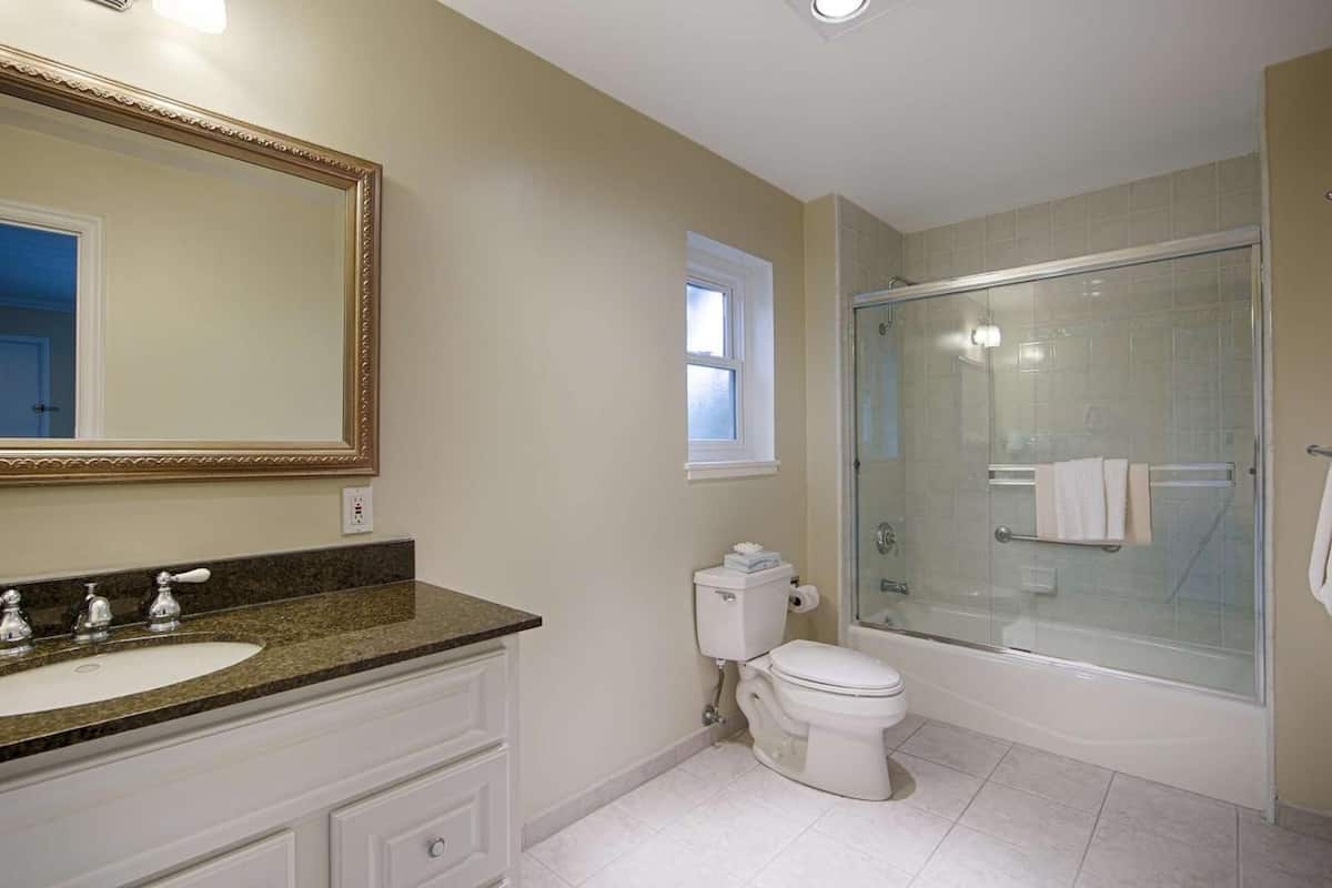 combined shower/bathtub, free toiletries, hair dryer, towels