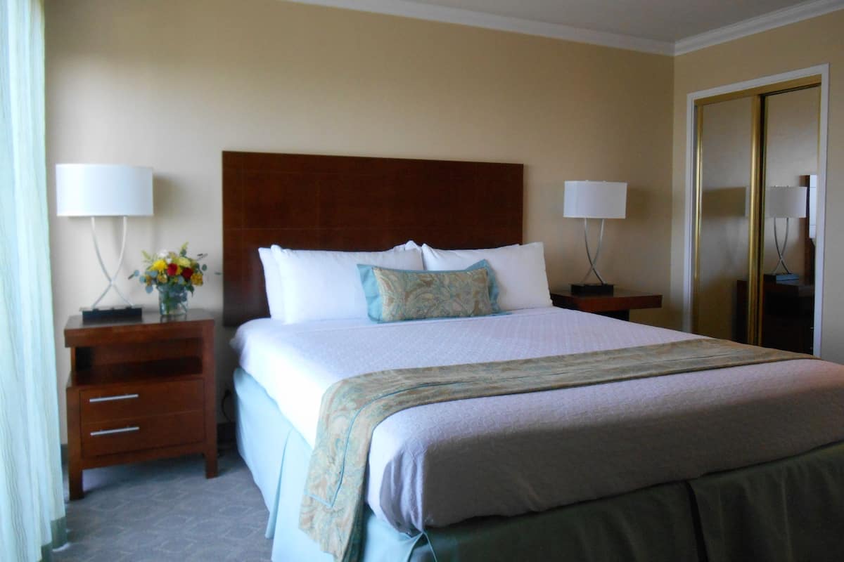 Habitación de hotel con una cama grande, dos mesitas de noche con lámparas, un espejo y un cabecero de madera.