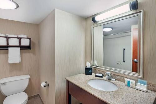 Hair dryer, towels, soap, shampoo