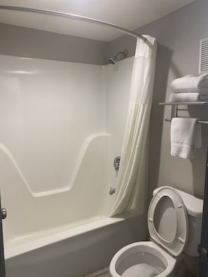 Combined shower/tub, free toiletries, hair dryer, towels