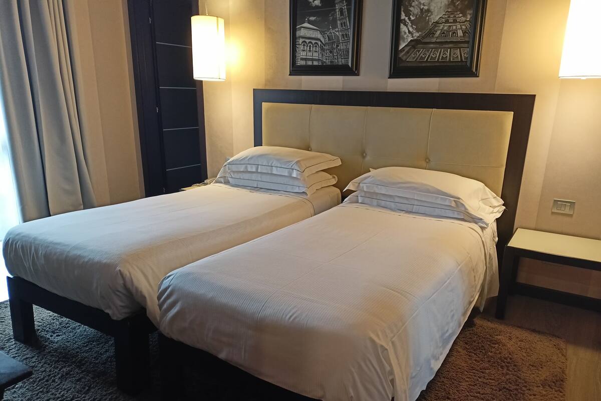 A double bed with two pillows, a bedside table, and a wall-mounted lamp.