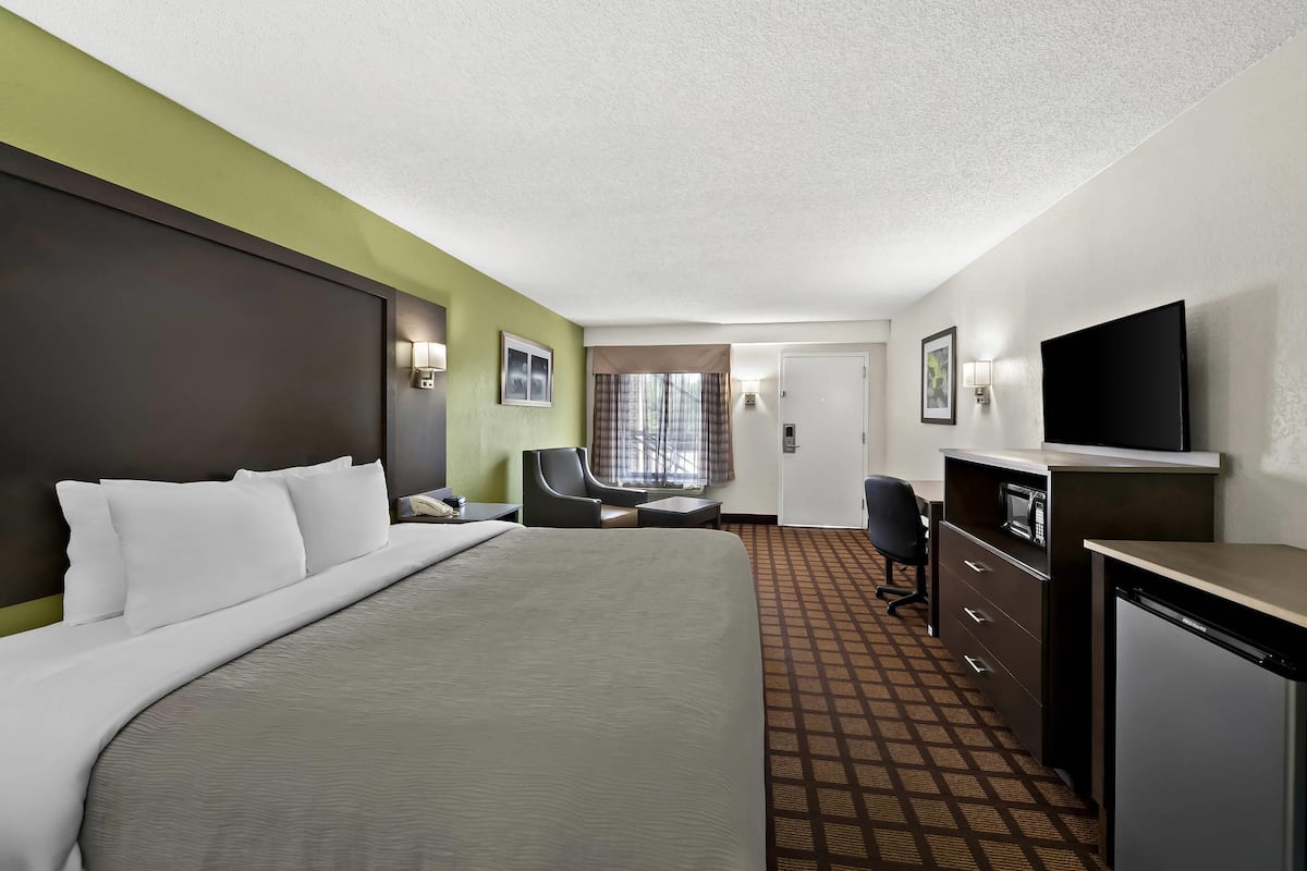 Ein Hotelzimmer mit einem Bett, einem Schreibtisch, einem Sessel, einem Fernseher und einer Mikrowelle.