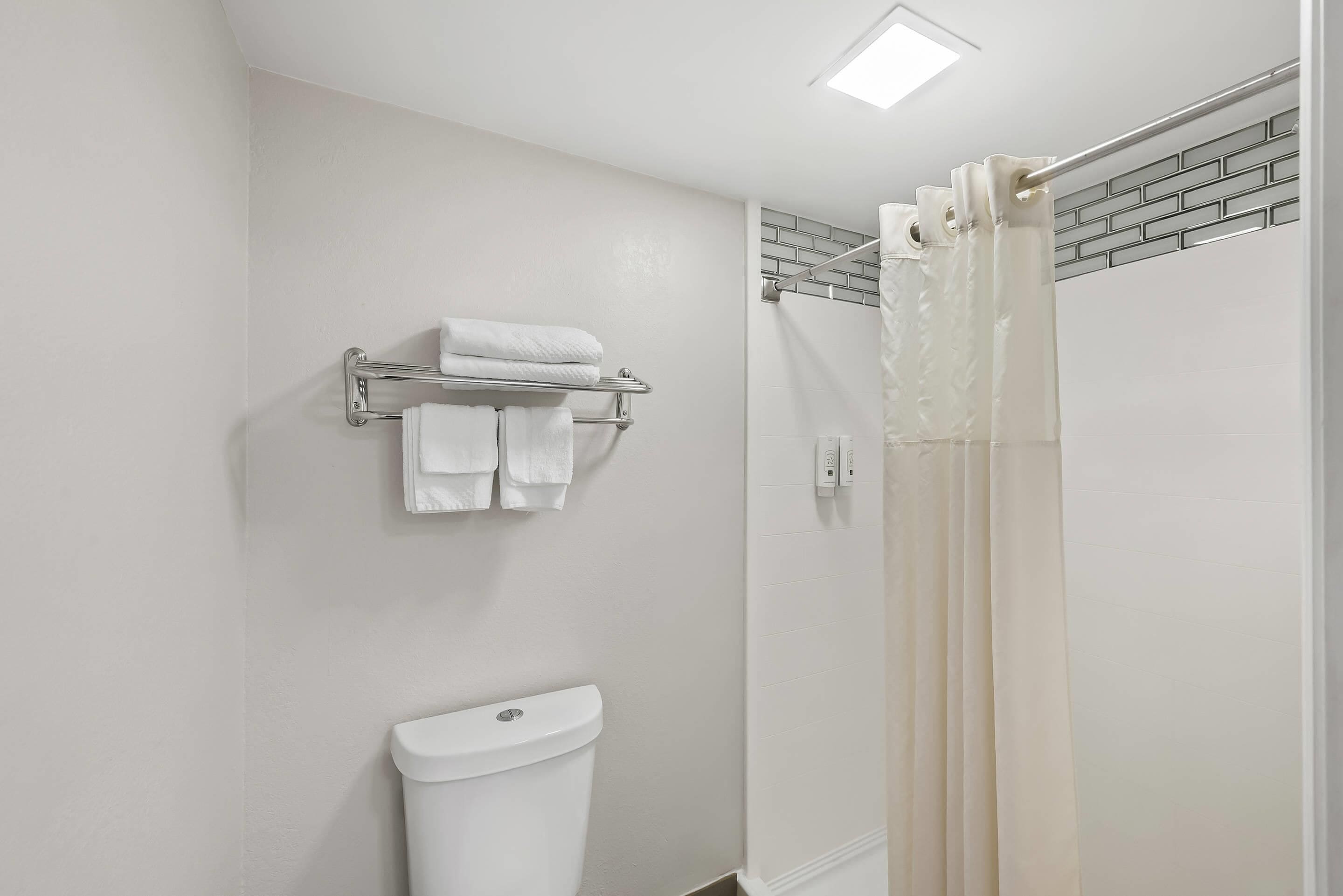 A modern bathroom with a toilet, a towel rack, and a shower curtain.