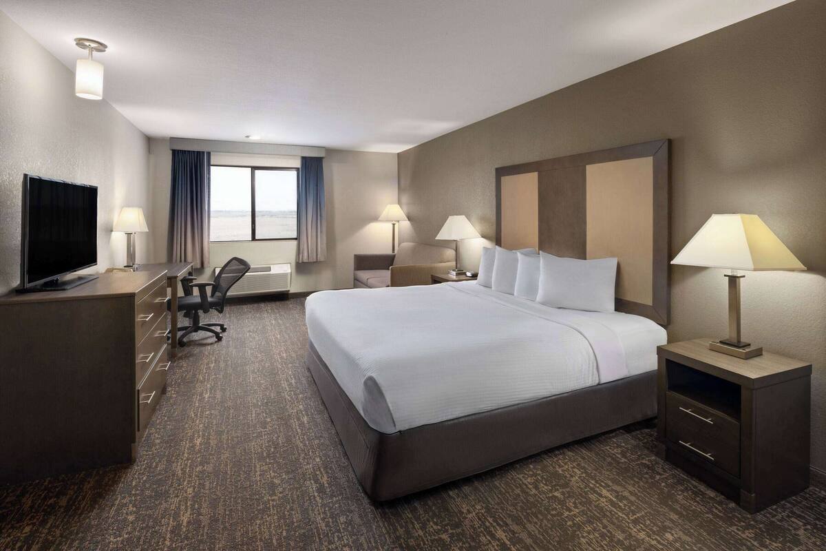 A hotel room with a large bed, two bedside tables with lamps, a desk with a chair, a TV, and a view of the outdoors.