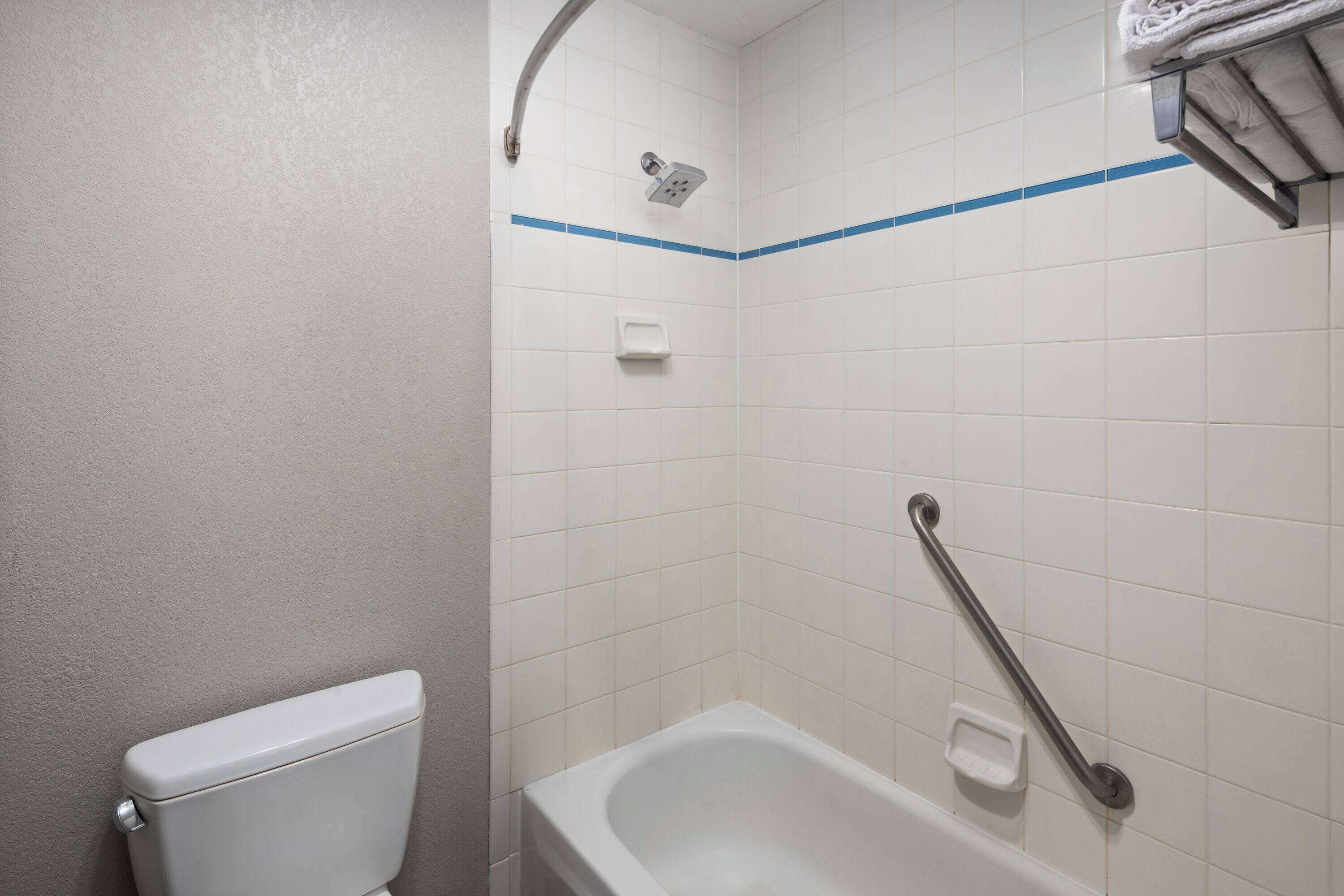 combined shower/bathtub, designer toiletries, hair dryer, towels