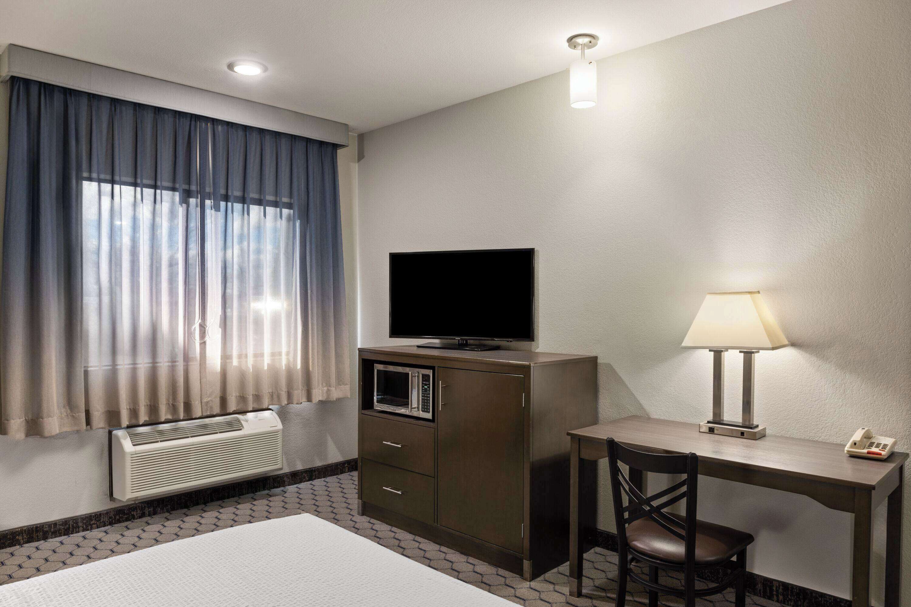 A hotel room with a bed, a desk with a lamp, a chair, a television, a microwave, and a telephone.