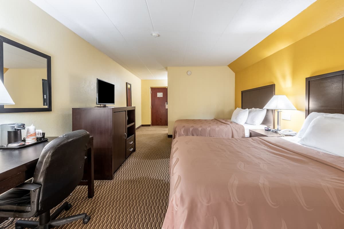 A hotel room with a desk, chair, two beds, a TV, and a mirror.