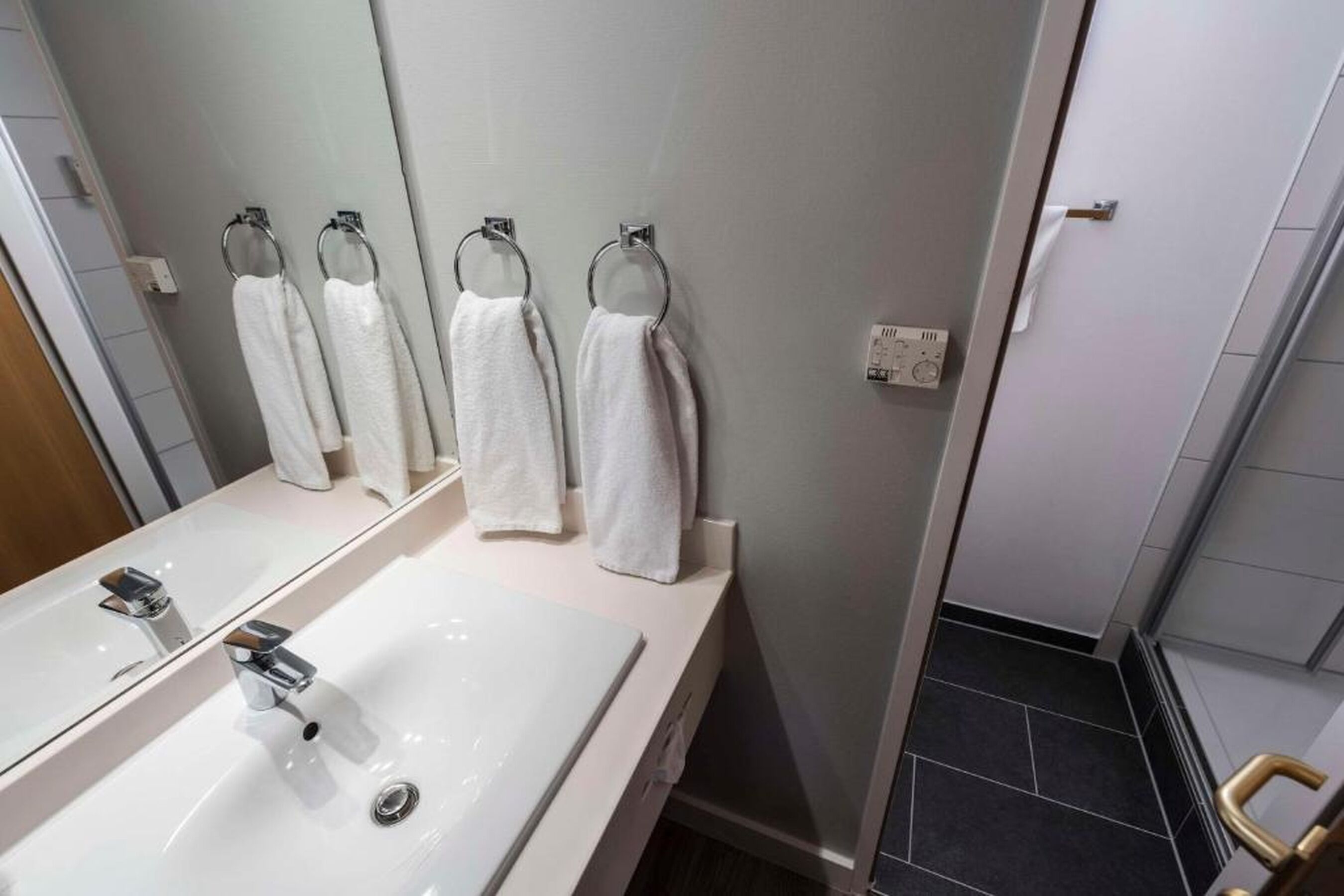 Une salle de bain avec un lavabo blanc, deux porte-serviettes, un miroir et un espace douche.