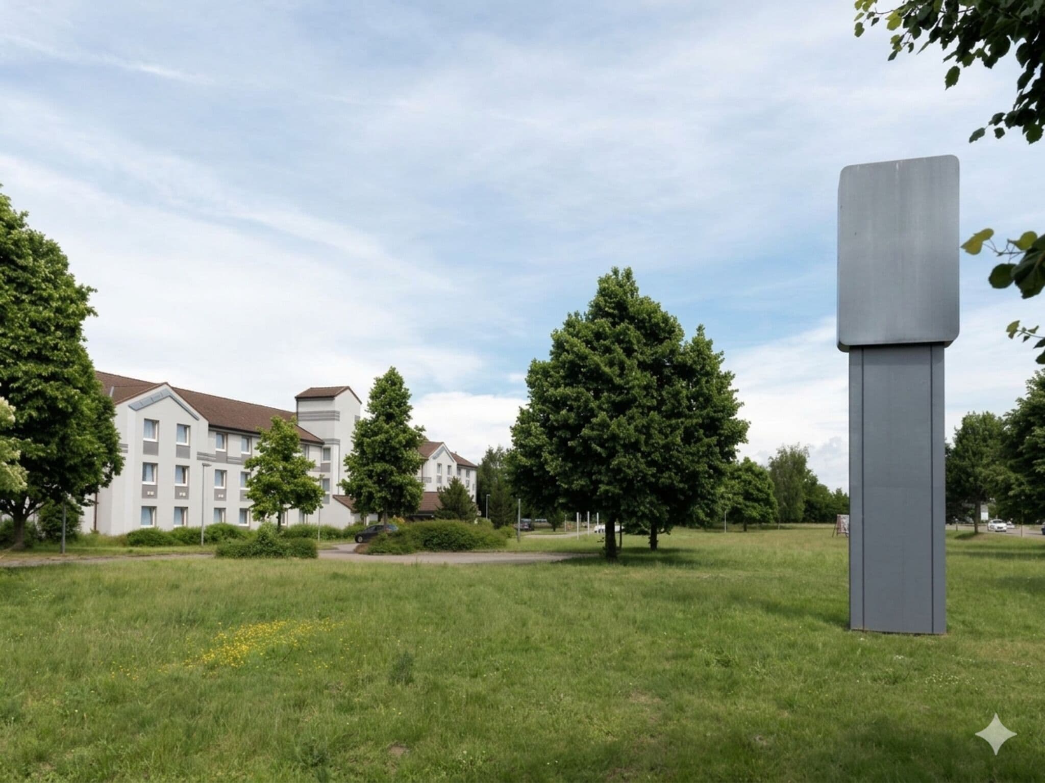 Un'area verdeggiante con un edificio moderno sullo sfondo, un albero grande e una struttura alta e rettangolare.