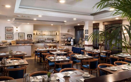 A hotel dining area with tables and chairs, a kitchen in the background, and a large plant.