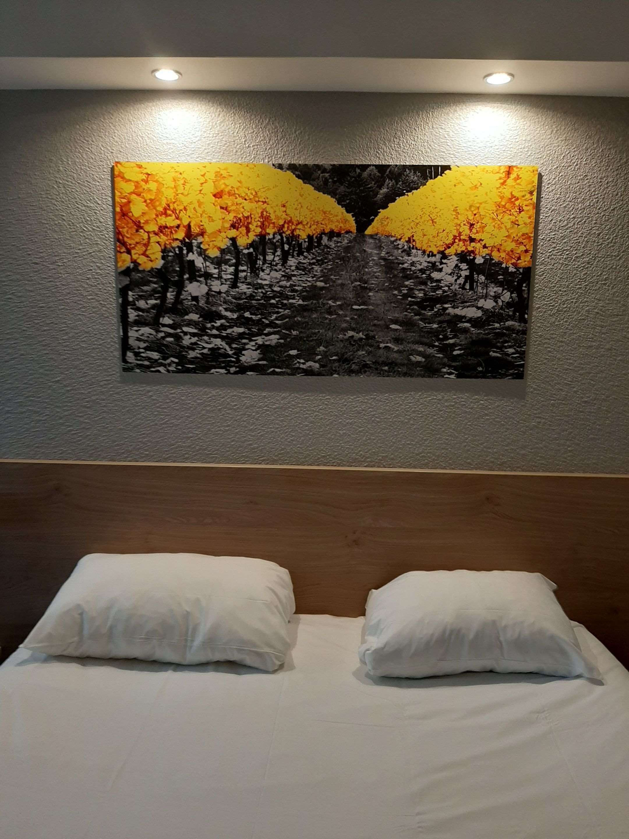 A bedroom with a bed, two pillows, and a painting on the wall.