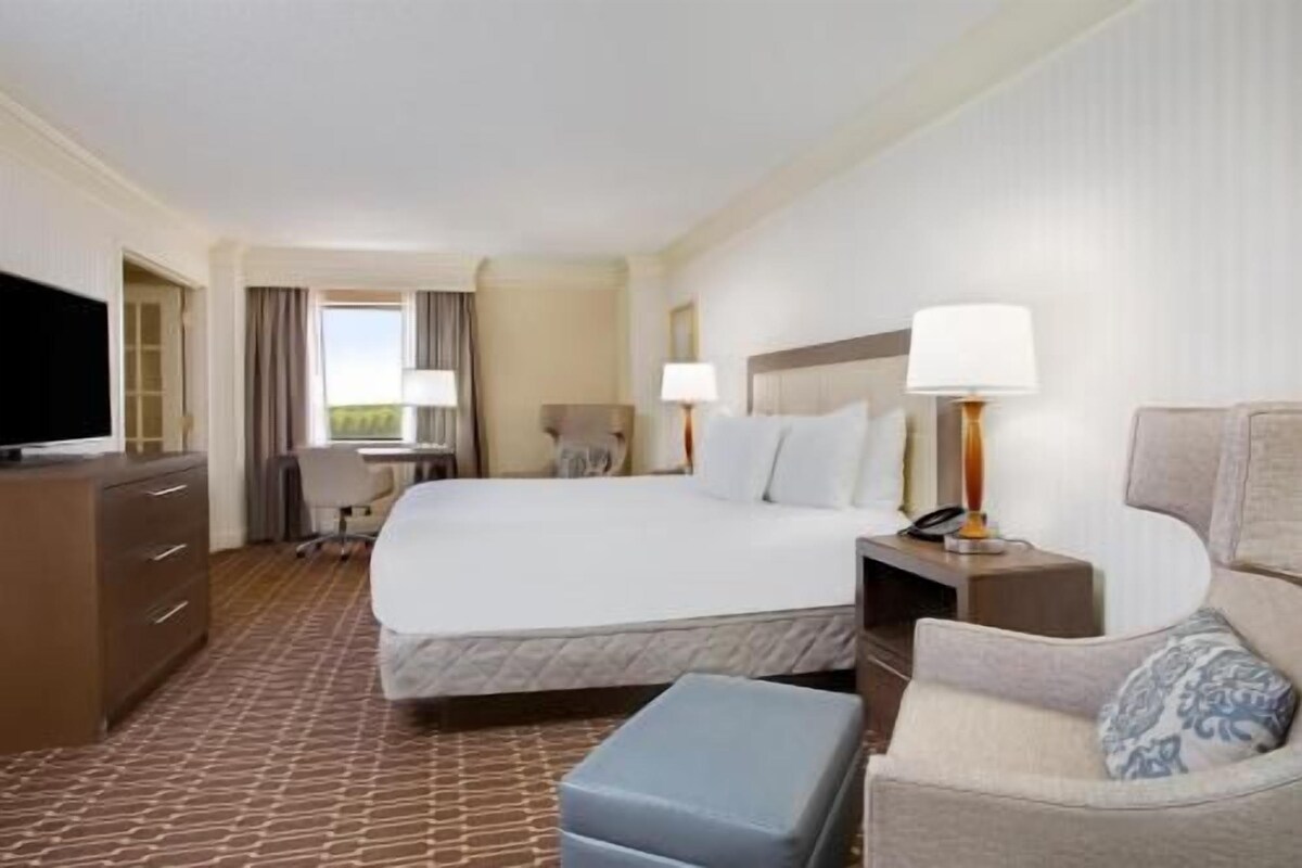 A hotel room with a bed, a desk, a chair, a TV, and a lamp.