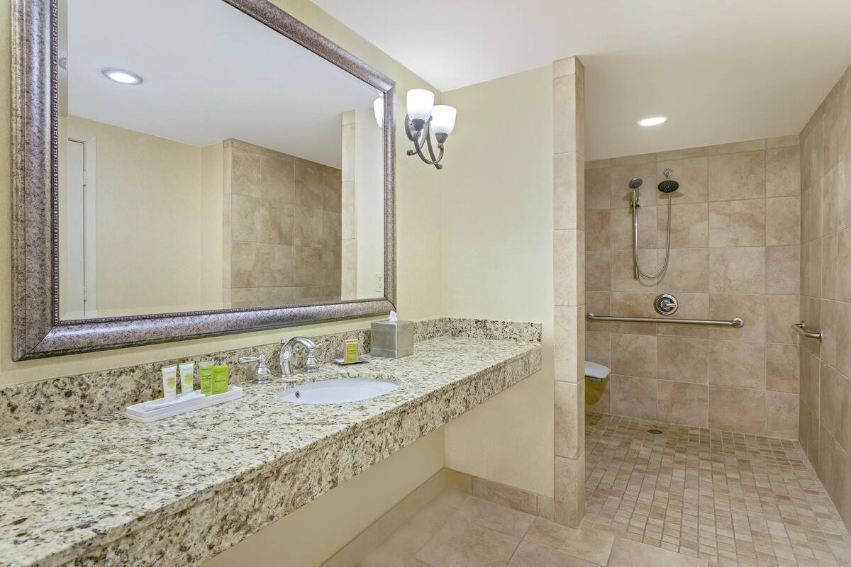 A bathroom with a granite countertop, a sink, a mirror, a shower with a handheld showerhead, and a grab bar.