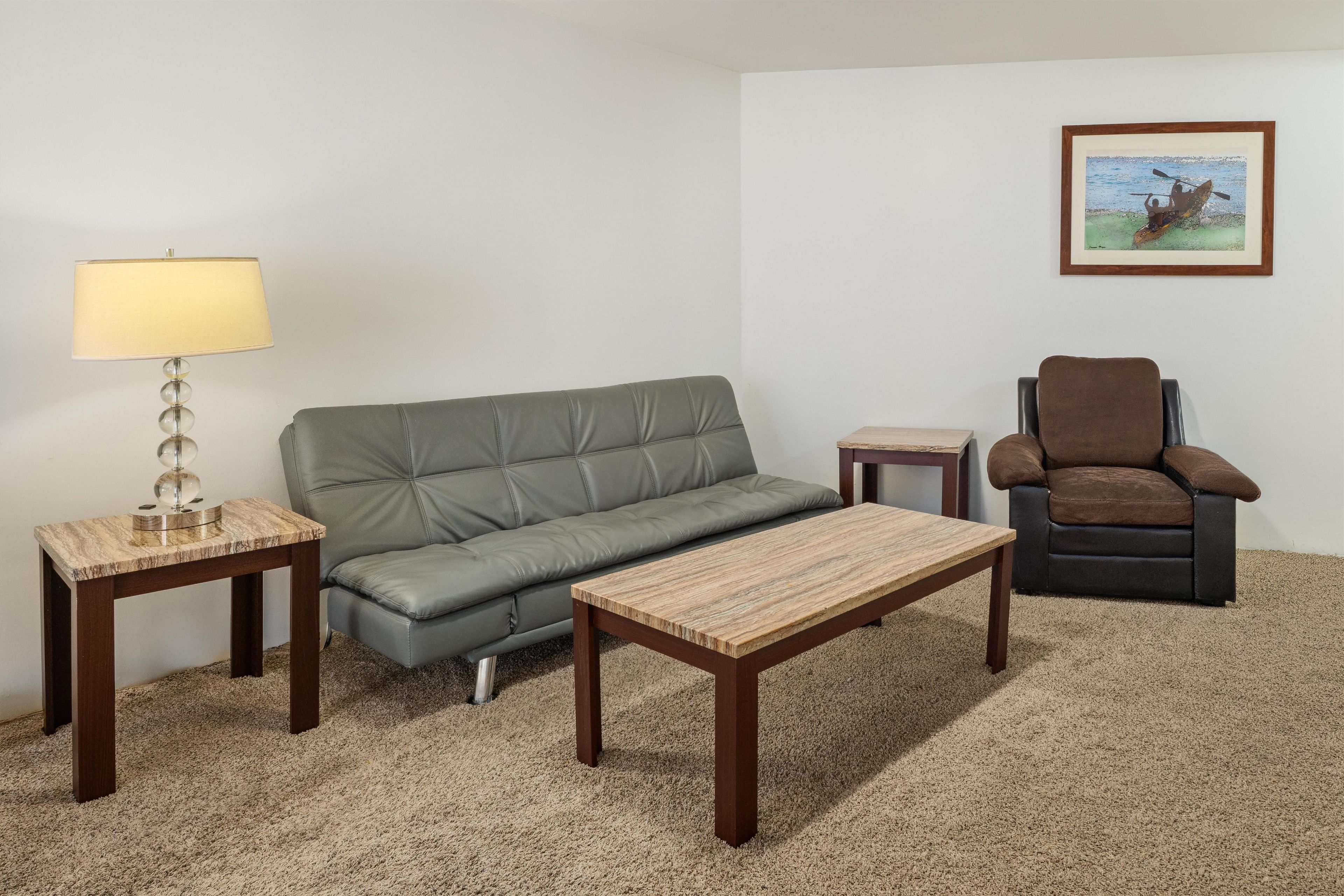 Una sala de estar con sofá, sillón, mesa de centro, lámpara y un cuadro en la pared.