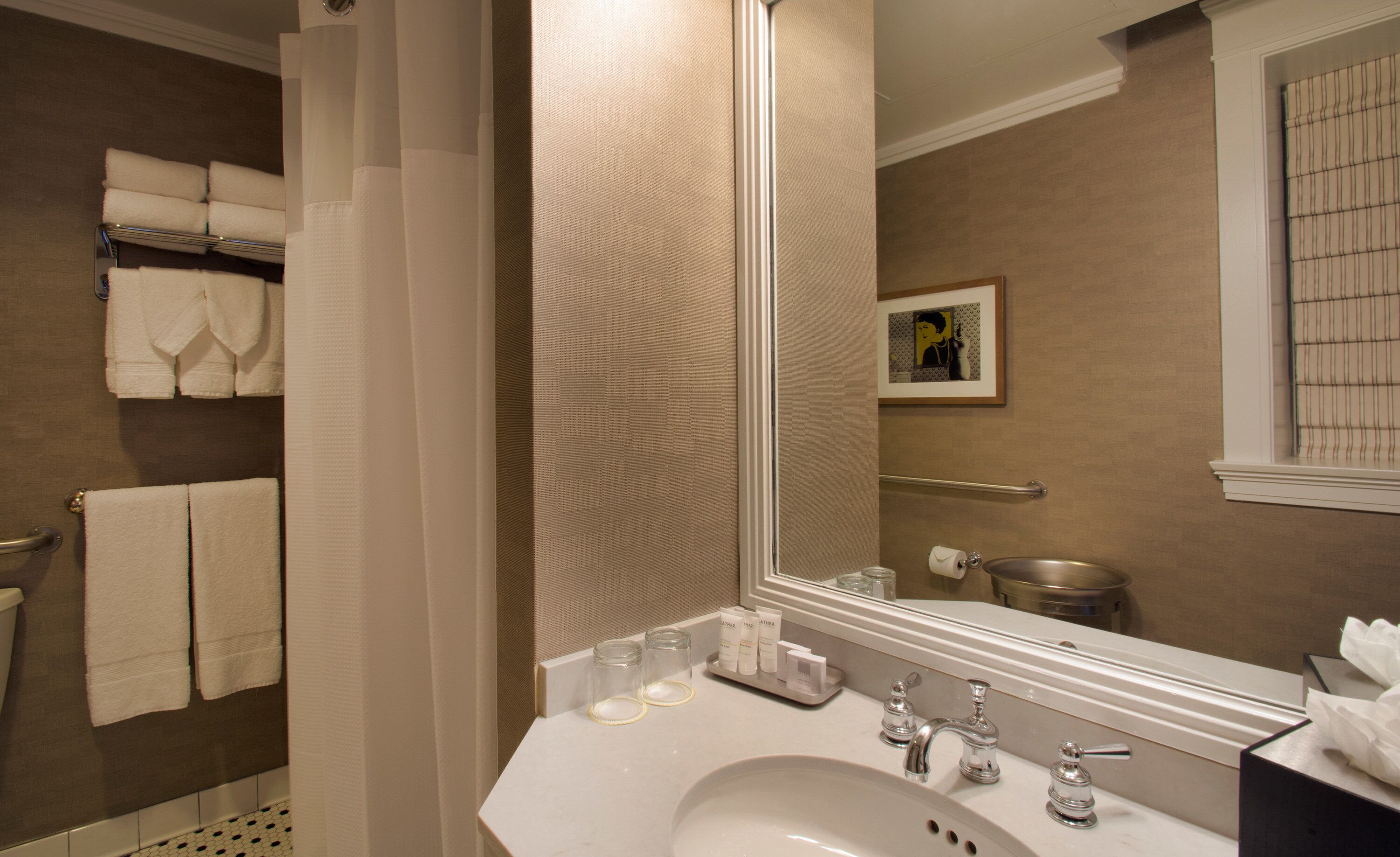 deluxe room, 1 queen bed, accessible (roll-in shower) | bathroom | designer toiletries, hair dryer, bathrobes, towels